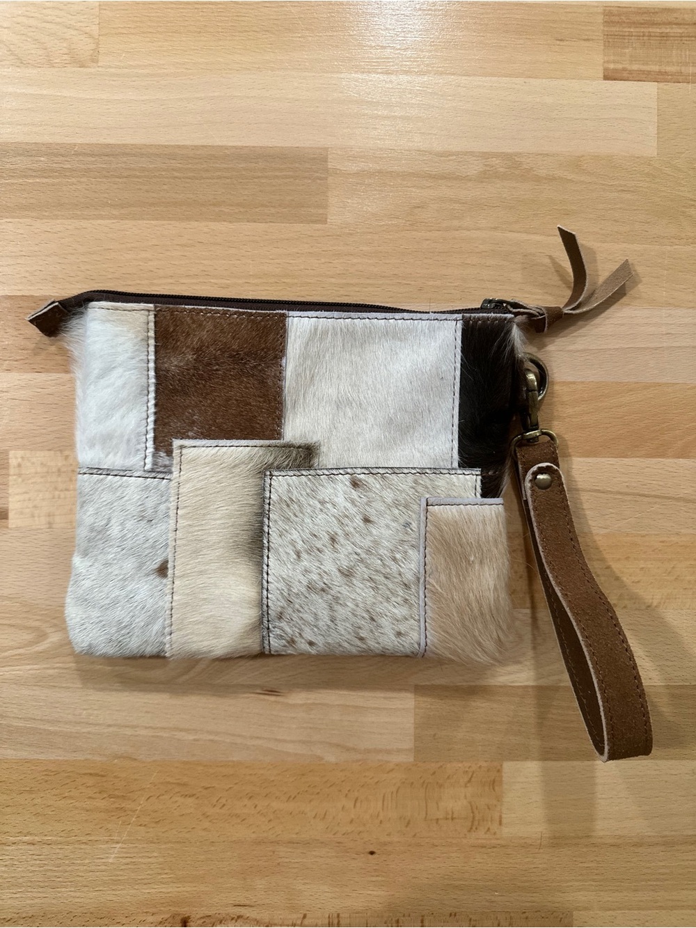Patchwork Haircalf Wristlet Clutch in Brown and White